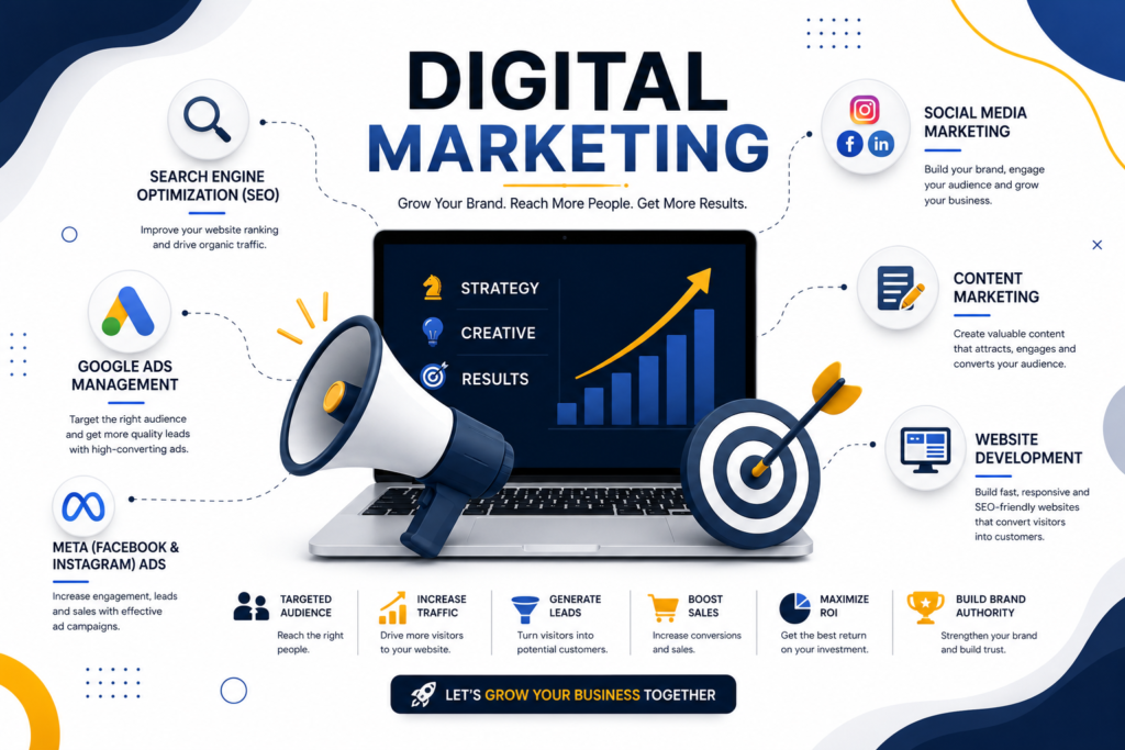 Digital marketing illustration showing SEO, Google Ads, Meta Ads, social media marketing, content marketing, and website development services.