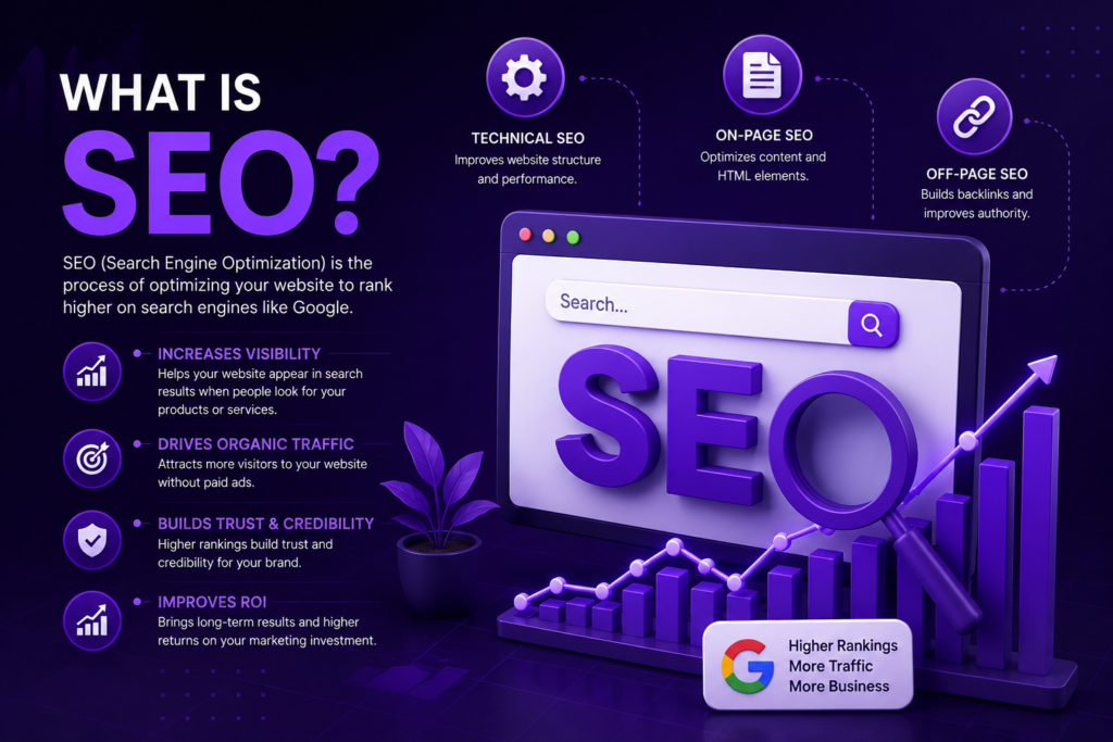 What is SEO? Search Engine Optimization infographic showing SEO benefits, technical SEO, on-page SEO, and off-page SEO.